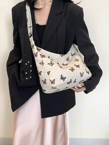 Fashionable Casual Large Capacity Tote Bag For Women, Spring/Summer New Linen Bag With Colorful Butterfly Pattern, Adjustable Shoulder Strap, Soft Crossbody Bag - Khaki - View 3