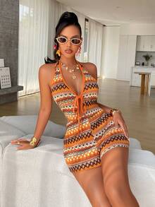 AIJ Amarilo Women's Casual Wavy Stripe Sleeveless Tie-Up Top & Shorts Set, Boho Beach Western Festival Holiday Date Night Afternoon Tea - Orange - View 1