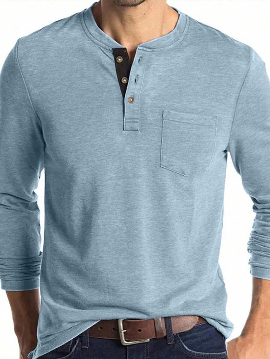 FEIAO 男士休闲运动风撞色门襟轻薄长袖 Polo 衫，可叠穿或单穿，轻松打造日常休闲造型 - 藍色 - 查看 1