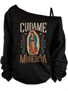 Black Off - Shoulder Long Sleeve Sweatshirt With Back Design: White 'CUIDAME' & Brown 'MORENITA' Ornate Text, Virgin Of Guadalupe Illustration In Blue Mantle/Brown Robe With Golden Decorative Frame - Casual Fashion Top For Daily Wear - Black - View 7
