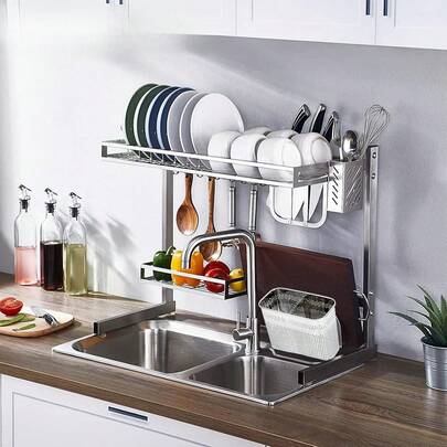 Soporte para palillos chinos, rejilla de secado de utensilios de cocina con ganchos y 2 compartimentos separados, de acero inoxidable de alta calidad, de 5.4 L x 4.3 A x 2.6 P pulgadas