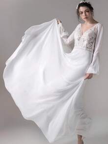 A-Line Floor-Length Lace Chiffon Wedding Dress – Elegant Bridal Gown For Weddings, Christmas Celebrations, Halloween Events, Prom Nights & Birthday Occasions - 白色 - 查看 4