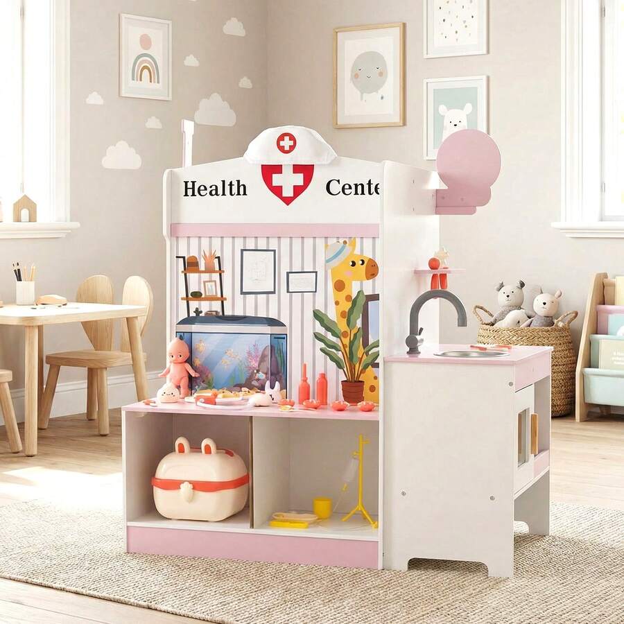 Kids Doctor Play Set W/Faucet Sink ECG Monitor Body Parts Diagram Clock - Pink - View 1