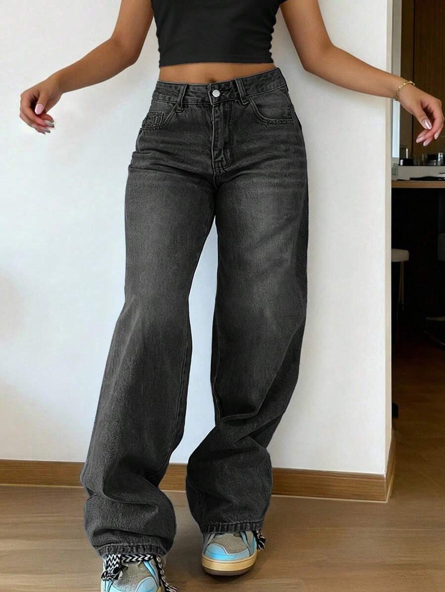 Plus Size Women's Vintage Casual Elastic Waist Loose Straight Leg Jeans Spring - Dark Grey - View 1
