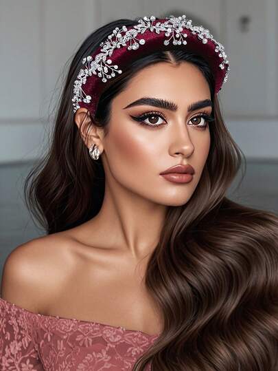 1pc Vintage Velvet Sponge Headband With Silver Rhinestone & Pearl Decor, Elevated Atmosphere, Suitable For Weddings, Festivals, Parties, Carnivals, Celebrations, And Casual Wear For Women