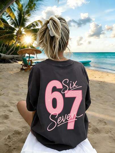Tween Girl Star Element Six Seven 67 Cartoon Print T-Shirt, Suitable For Girls Outdoor Sports, Casual Wear, Street Style, Campus Style, Fashionable Girls Spring/Summer Versatile Top
