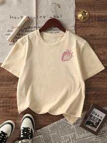 1pc Girls' Casual Strawberry Print Round Neck Short Sleeve T-Shirt, Summer Student Youth Clothing - The Strawberry Print T-Shirt Brings Joy And Happiness To Every Child! SWEET LOVE FRESH FRUITS - Apricot - View 3