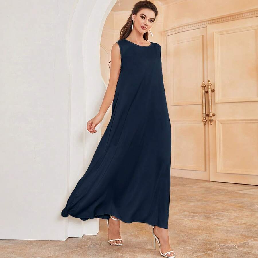 Vestido casual de corte recto sin mangas de cuello redondo con efecto de perla sólido para primavera - Azul Marino - Ver 1