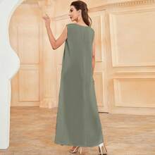 Solid Color Pearl Sheen Round Neck Sleeveless Casual Shift Dress Spring - Green - View 5