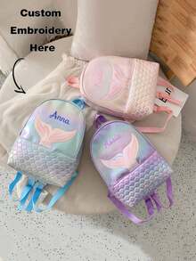 1pc Embroidered Customized Dreamy Mermaid Tail Colorful Cute Backpack, Colorful Mermaid Tail Design Student School Bag Can Embroider Your Own Name, Back To School Essential, Outdoor Travel - Multicolor - View 1