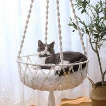1件套手工编织猫吊床，波西米亚风格悬挂式猫床，带流苏猫抓柱，手工编织猫秋千吊床，纤维艺术猫床，四季皆宜 - 白色 - 查看 10