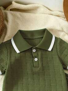 2pcs/Set Baby Boys' Jacquard Fabric Polo Collar Top And Casual Shorts, Summer - Olive Green - View 3