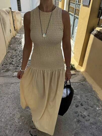 Vestido sin mangas con pliegues texturizados para mujer, casual para citas y fiestas de verano, elegante