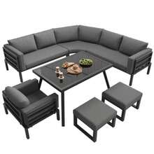 Halvmåneformad trädgårdssoffgrupp för 8 personer / Robust järnram med grå kuddar / Komplett med glasbord, 1 fåtölj och 2 pallar / Väderbeständiga utemöbler för balkong - Grå - Visa 3