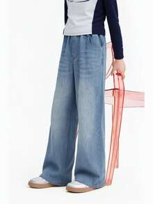 Annil Girls' Loose Straight Leg Washed Jeans, Spring 2026 New Style, Stretch, Sweet And Cool Sporty Casual Pants - Medium Blue Jeans - View 8