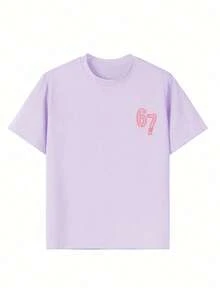 Tween女孩 Six Seven 卡通印花T恤，適合日常穿著，女童春夏時尚休閒上衣 - 淡紫色 - 查看 7