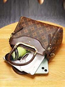 Chic 3pcs Women's Fashion Bag Set - Elegant Geometric Print, Faux Leather Tote With Crossbody & Clutch Wallet - Coffee - View 6