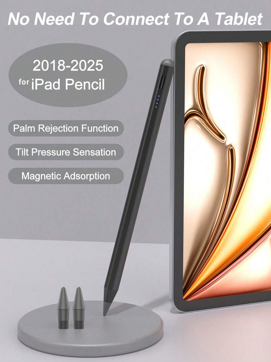 适用于 10.2 英寸 iPad（第十代/10.9 英寸，2022 年）、Air4/5/6/M4、iPad A16（第十一代，2025 年）、iPad Air 11 英寸和 13 英寸（M3/M2）、iPad Pro 11 英寸/12.9 英寸的触控笔，具备防误触和倾斜感应功能，内置 90mAh 电池，电容式触控笔，适用于 iOS 平板电脑，黑色