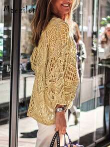 Women's Hollow Crochet Pullover Sweater, Loose Sheer Casual Long Sleeve Cover Up, Spring - Khaki - View 3