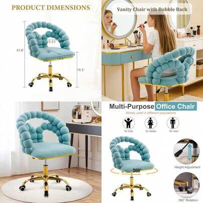 Bubble Vanity Chair With Wheels Swivel Makeup Vanity Desk For Girls Women Modern Upholstered Velvet Height Adjustable Computer Task Armchair For Home Office 33.8" H Light Blue