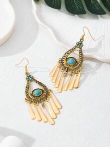 1 Pair Bohemian Turquoise Tassel Drop Earrings, Vintage Gold Plated Dangle Earrings For Women, Retro Teardrop Boho Jewelry For Party & Vacation - Ancient Bronze - View 6