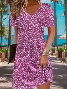 Đầm hoa nhí nhẹ nhàng, thanh lịch, đa năng, phù hợp cho các dịp thường ngày, nghỉ mát, công sở, thích hợp cho mùa xuân/hè. - Màu tím - Xem 4