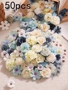 50个/100个蓝白混色人造花头，适用于情人节装饰、家居装饰、咖啡馆、蛋糕装饰、花园、新娘头饰、办公桌装饰、餐桌摆设等。 - 彩色 - 查看 6