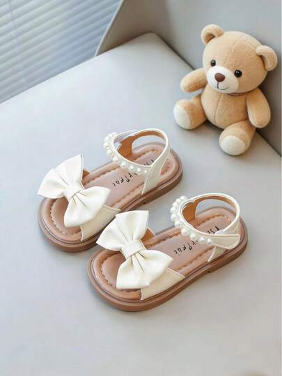 新款儿童/幼儿女童平底凉鞋，珍珠花朵装饰，柔软防滑鞋底，轻便舒适，夏季沙滩鞋