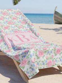 Pernalized Pink Rose Beach Towel Cottagre Floral Monogram. - Image Color - View 1