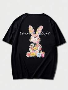 2026 New American-Style% Cotton-ShirtZrgoth Men's Fashion Floral Healing Style Loose Short Sleeve-Shirt| Floral & Rabbit Print, Love Life| Exquisite Design| Summer Essential| Versatile & Easy To Wear| Boyfriend/Girlfriend To Personal Style - Black - View 6