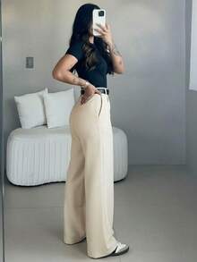 Women's High Waist Wide Leg Pants, Casual Elegant Office Trousers, Solid Color Loose Straight Leg Pants, Soft Comfortable Daily Casual Pants, Fashionable Minimalist Spring/Autumn Workwear - 卡其色 - 查看 6