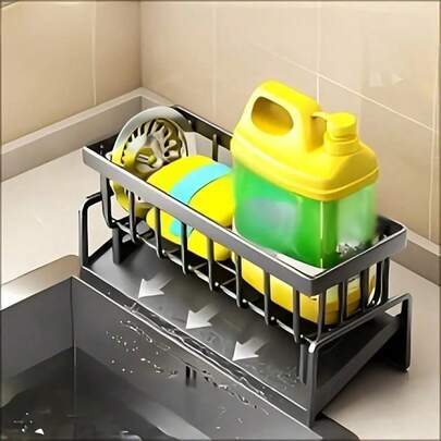 Giá đựng đồ nhà bếp tiết kiệm không gian với thanh treo khăn - Bao gồm giá đựng khăn lau bát đĩa và miếng bọt biển, khay thoát nước cho bình đựng xà phòng và bàn chải - Hoàn hảo để sắp xếp đồ dùng trên mặt bàn bếp.