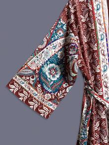 Traditional Cashew Flower Patterned Mid-Length Kimono Cover Up Thin Jacket, Women Elegant Street Casual Loose Outerwear, Suitable For Beach, Travel, Vacation, Robe, Party, Dress - Coffee Brown - View 6