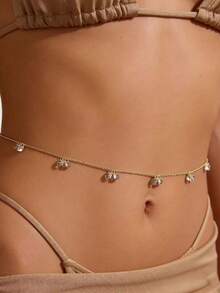 1pc Sexy Beach Vacation Style Pink Teardrop Satellite Stone Pendant Waist Chain, Fashionable Women Bikini Chain Body Jewelry Suitable For Ladies Vacation - Golden 3-satellite Pendant Waist Chain - View 8