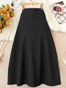 Falda de Cintura Alta para Mujer con Cinturilla Elástica, Corte A y Bajo Acampanado, Tejido Suave y Elegante para un Look. Conjunto Perfecto para Primavera/Verano, Ideal para Citas o Salidas - Pieza Versátil en Diseño Popular - Negro - Ver 5