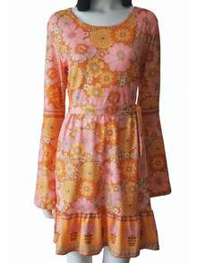 1 套万圣节复古 70 年代 80 年代嬉皮士服装连衣裙，花卉印花连衣裙，适合派对和舞台使用（不包括耳环和项链） - 印花 - 查看 15