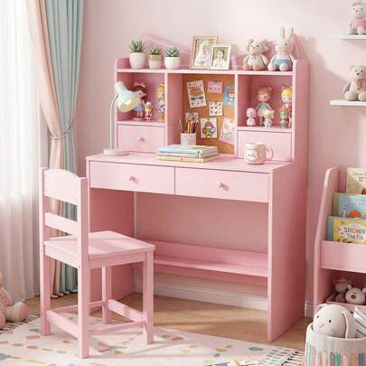  COSTWAY Kids Study Desk And Chair Set, Student Writing Table With Chair, Open Shelves, Cork Bulletin Board & 4 Drawers, Children Computer Workstation For Home School Use, Pink