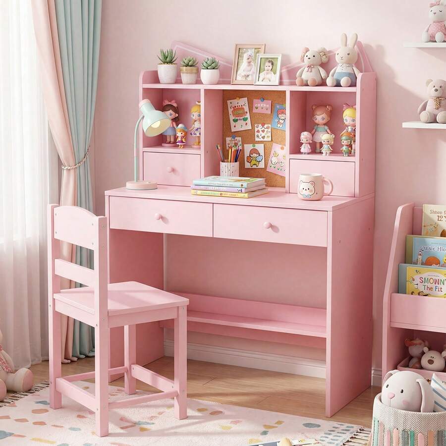 COSTWAY Kids Study Desk And Chair Set, Student Writing Table With Chair, Open Shelves, Cork Bulletin Board & 4 Drawers, Children Computer Workstation For Home School Use, Pink - Pink - View 1