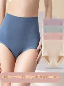 5pcs High Waist Seamless Shaping Panties For Women, Soft & Comfortable Shapewear Briefs, Breathable Solid Color Underwear For Daily & Formal Occasions, Seamless & Invisible Design, Available In Nude, Pink, Purple, Suitable For 80-140lbs - Multicolor - View 2