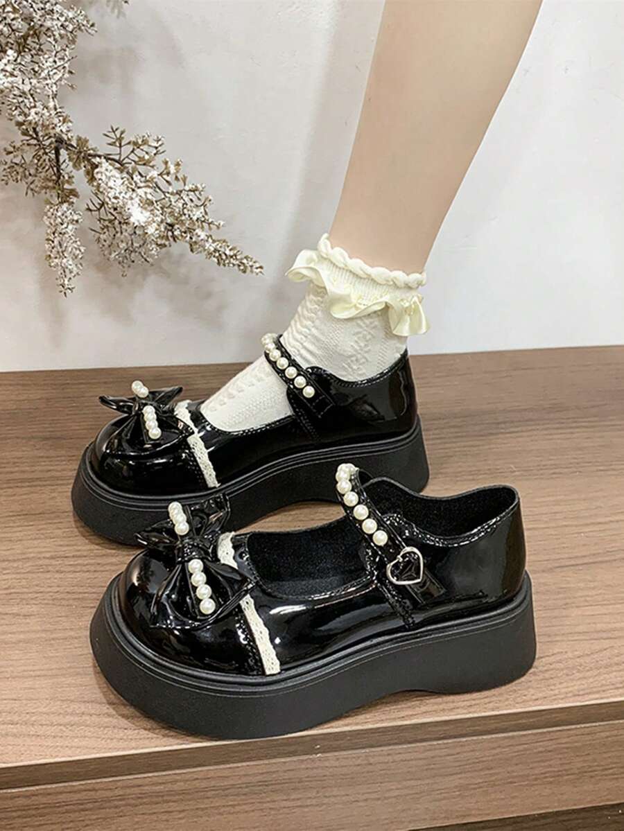 Wedge Platform Mary Jane Shoes, Retro Office Lady Style, Fashionable & Sweet With Pearl Bow Lace Patchwork, Versatile For All Seasons - Black - View 1