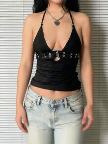 Punk Rock Halter Tank Tops For Women V Neck Goth Backless Tie Back Summer Y2k Gothic Buckle 70s Disco Tops - màu đen - Xem 6