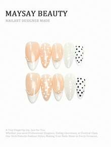 10片中号杏仁形假指甲，裸粉色半透明底色，法式白色边缘，珍珠点缀，波点和3D纹理设计，清新柔美风格，100%纯手工制作，按压式亚克力指甲，可重复使用。美甲用品套装包含1片果冻胶、1根胶棒和1把指甲锉，适合女性日常或派对佩戴。 - 彩色 - 查看 1