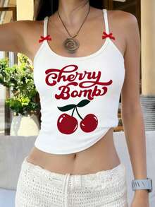 Summer New Minimalist Y2K Bow Detail Sweet Cherry Print Casual Round Neck Sleeveless Tank Top, Versatile & Fashionable For Women - White - View 7