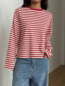 条纹撞色罗纹休闲宽松插肩袖上衣 - 酒紅杏色 - 查看 10