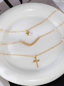 两件套时尚简约链条项链套装，配有心形和十字架吊坠，多层可佩戴项链，适合女性日常、约会、宗教聚会等场合。 - 金黃色 - 查看 4