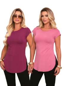 Kit Of 2 Women's Long-Sleeved Gym Tops With Butt-Covering Effect. - Đỏ rượu vang/Hồng - Xem 1