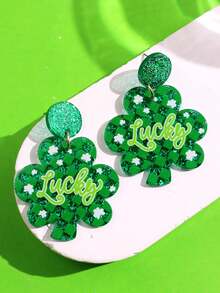 1对圣帕特里克节创意趣味独特精致可爱卡通亚克力三叶草啤酒耳环，女士日常佩戴，节日派对饰品 - 彩色 - 查看 12