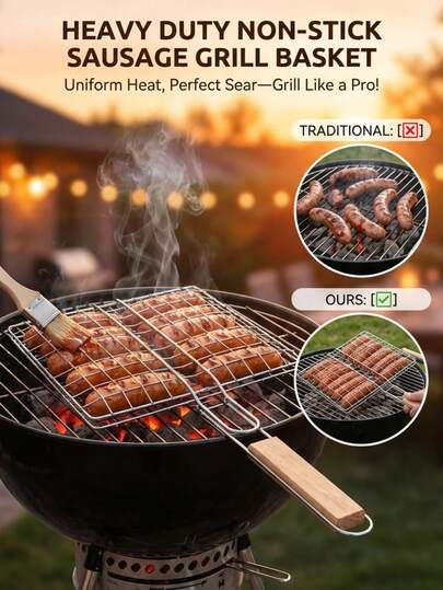 Cesta plegable de parrilla de acero inoxidable con mango de madera, adecuada para asar pescado, verduras, camarones y bistec, herramienta para barbacoa de camping al aire libre. Voltear/Girar, Bloqueable, Resistente al calor, Gran capacidad, Antiadherente. Acero inoxidable, Mango de madera largo, Portátil, Reforzado. Barbacoa al aire libre, Fiesta en el patio trasero