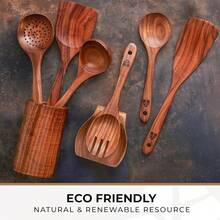 Wooden Utensil Set 8 Pcs – Sturdy & Easy To Clean, Natural Teak Wooden Spoons For CooFKing – Non-Scratch CooFKing Utensils With Spatula, Turner, Ladle, Spoons, Holder, Spoon Rest, 6 Hooks Kitchen Gifts - 8件套 - 查看 8