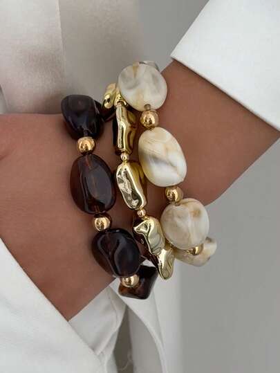 3件套波西米亚几何不规则CCB树脂扎染串珠手链套装，奢华优雅日常休闲派对珠宝礼品，女士